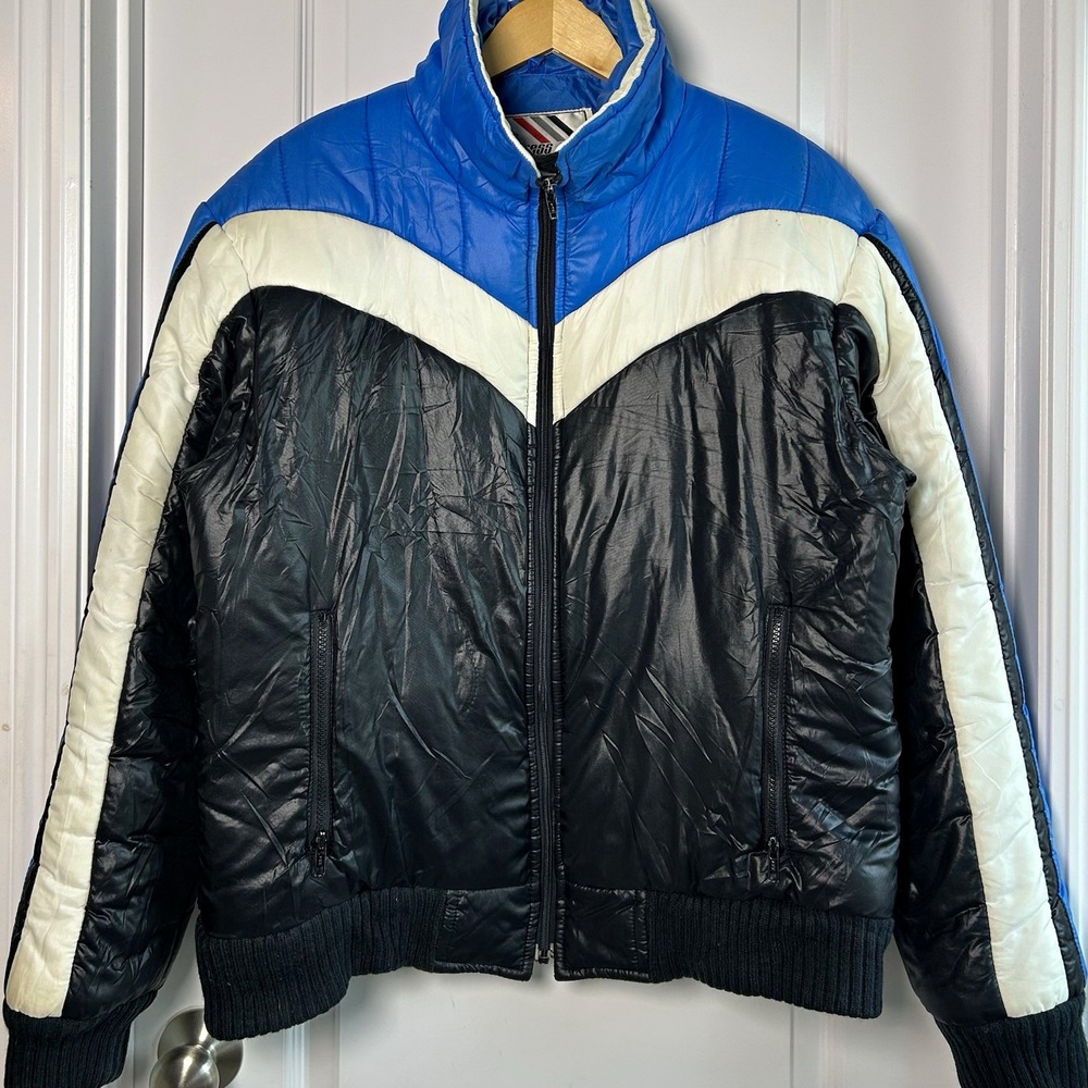 Chess King Vintage 90s Nylon Blue Black White Colorblock Full Zip Bomber Jacket